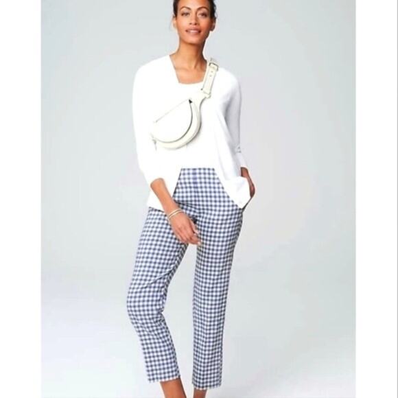 J.Jill Linen Stretch Cropped Capri Pants Sz PS Blue White Gingham Check Coastal - Picture 2 of 11